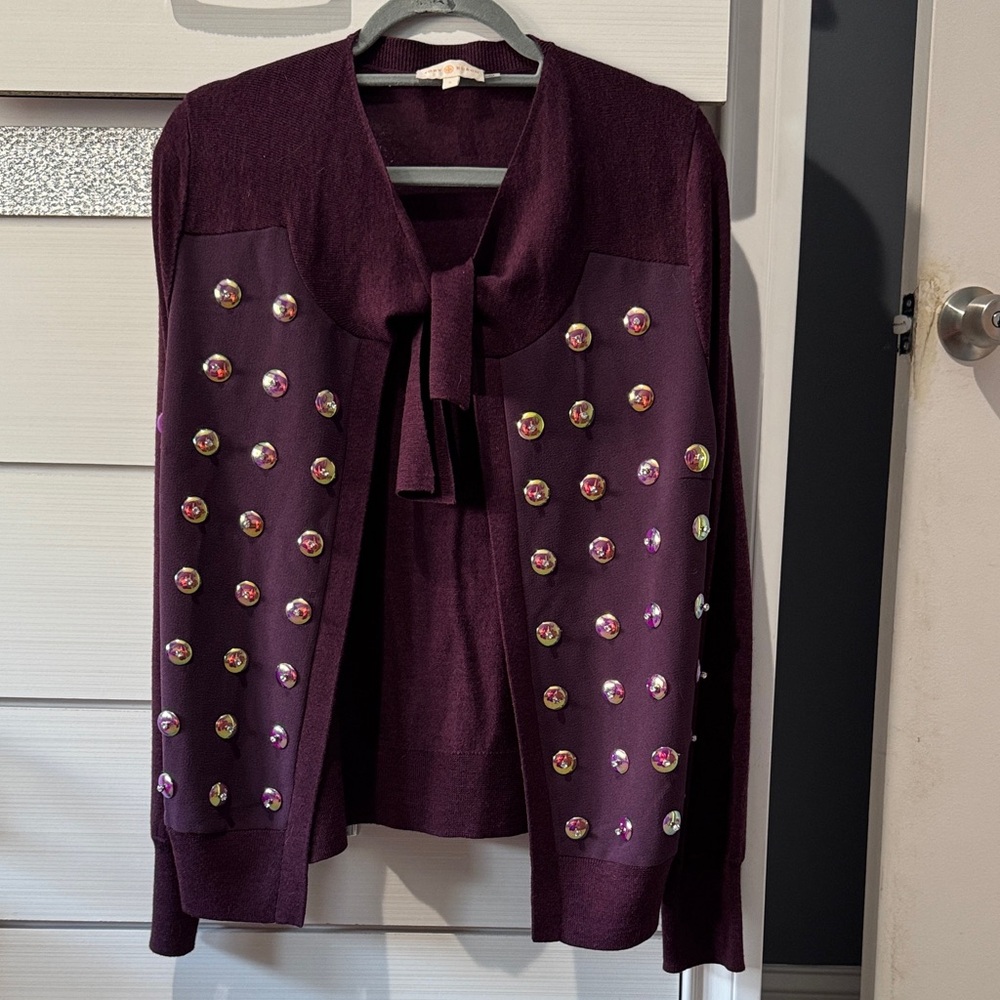 Tory Burch Deep Purple Cardigan with Embellished Accents